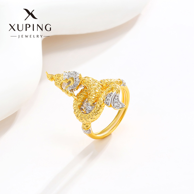 旭平首饰黄铜镀金时尚新款男士盘龙戒指金色镶锆霸气龙头戒指男