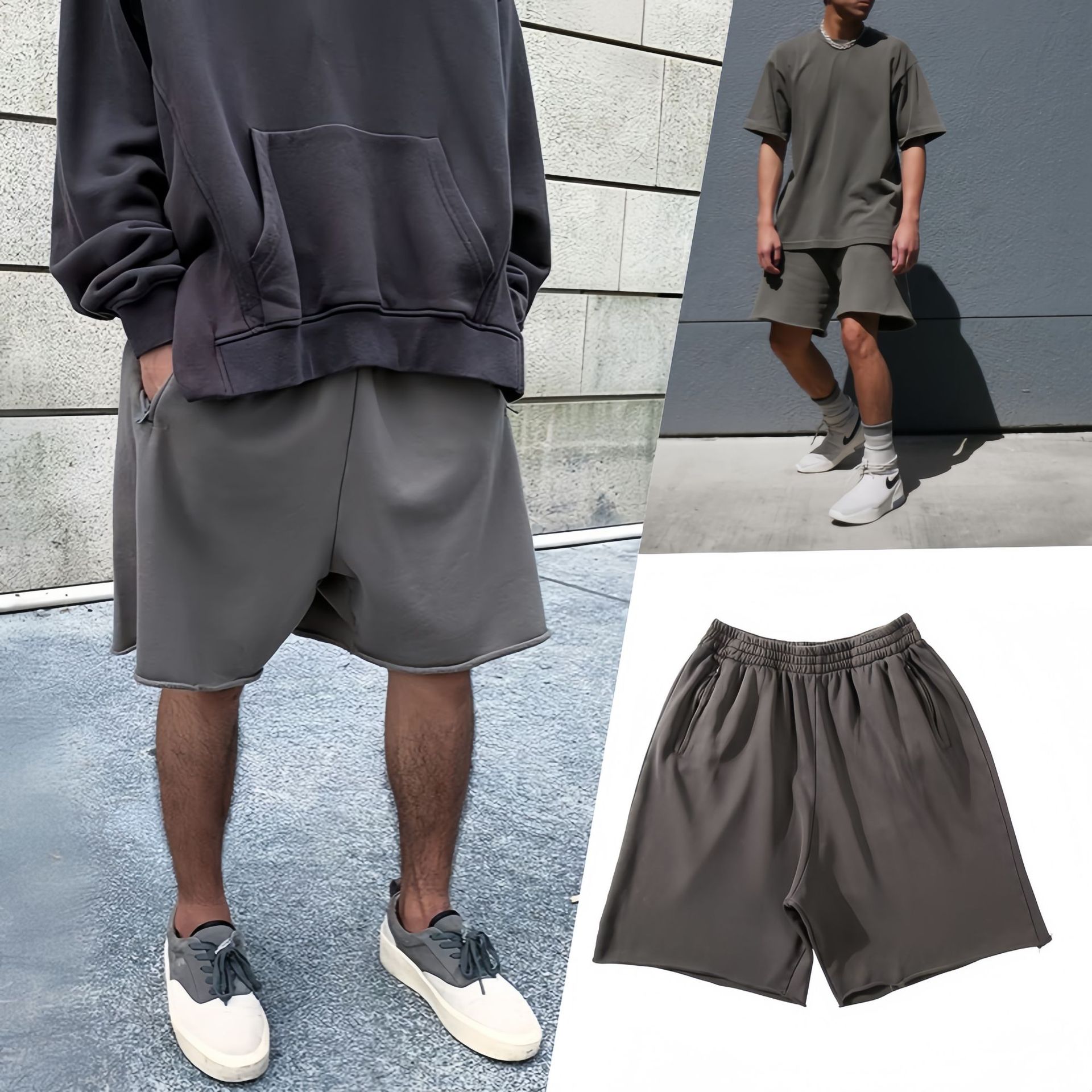 侃爷kanye west重磅全棉水洗做旧短裤男高街吊裆美式潮流五分裤