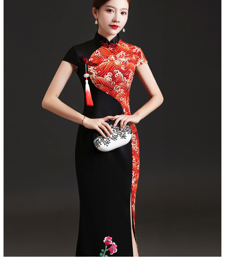 中国风旗袍2021新款夏季鱼尾开叉演出服主持人祥云牡丹花走秀旗袍