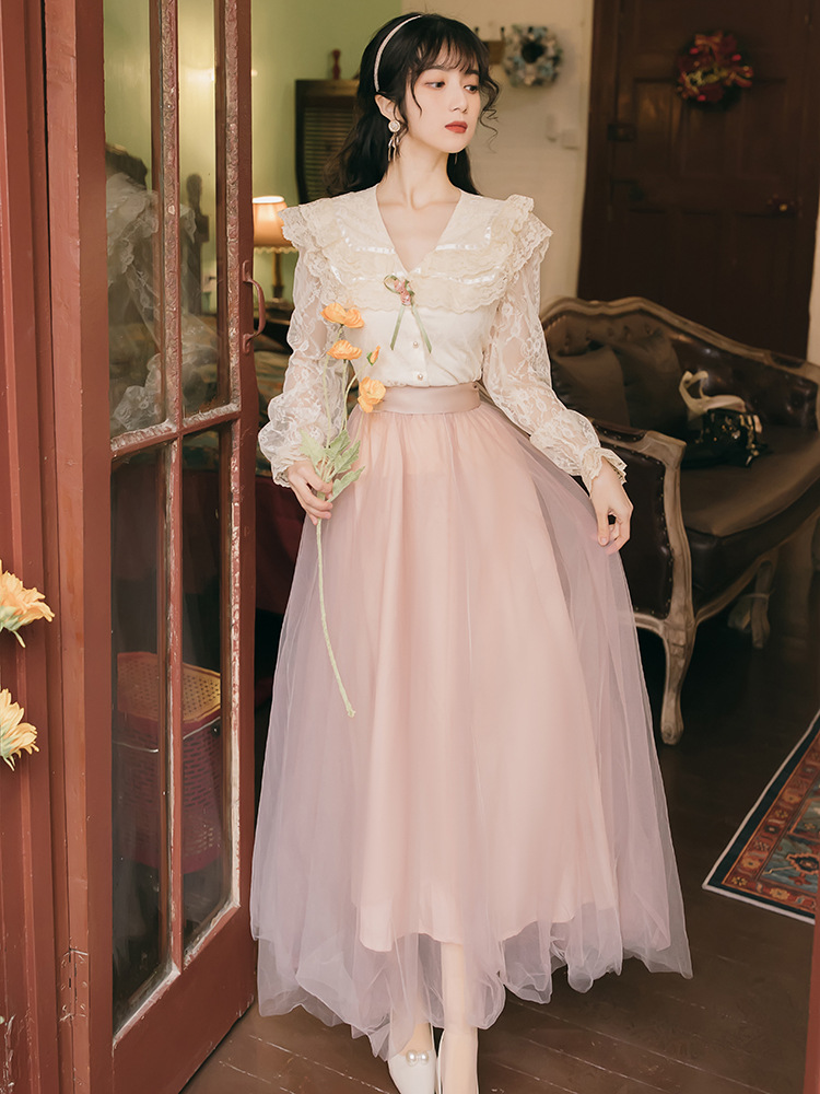 仙女裙套装超仙两件套甜美显瘦秋季2021年新款女冬衬衫网纱半身裙