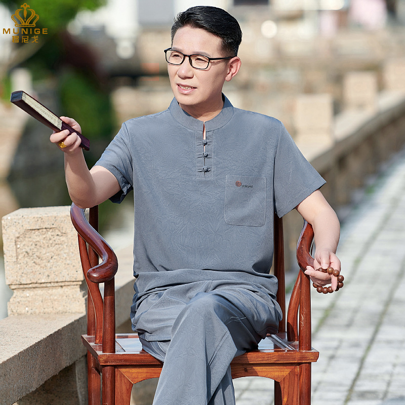 唐装男中老年夏季短袖套装爸爸夏装两件套爷爷休闲衣服60岁70老人