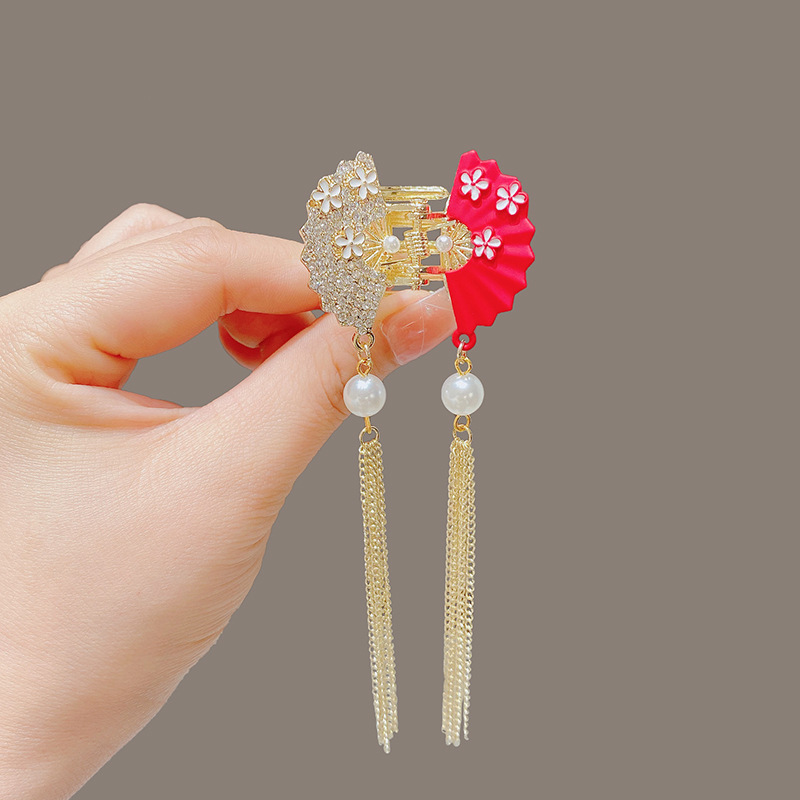 珍珠流苏发夹后脑勺半扎发抓夹古风发卡新中式水钻扇子汉服头饰女