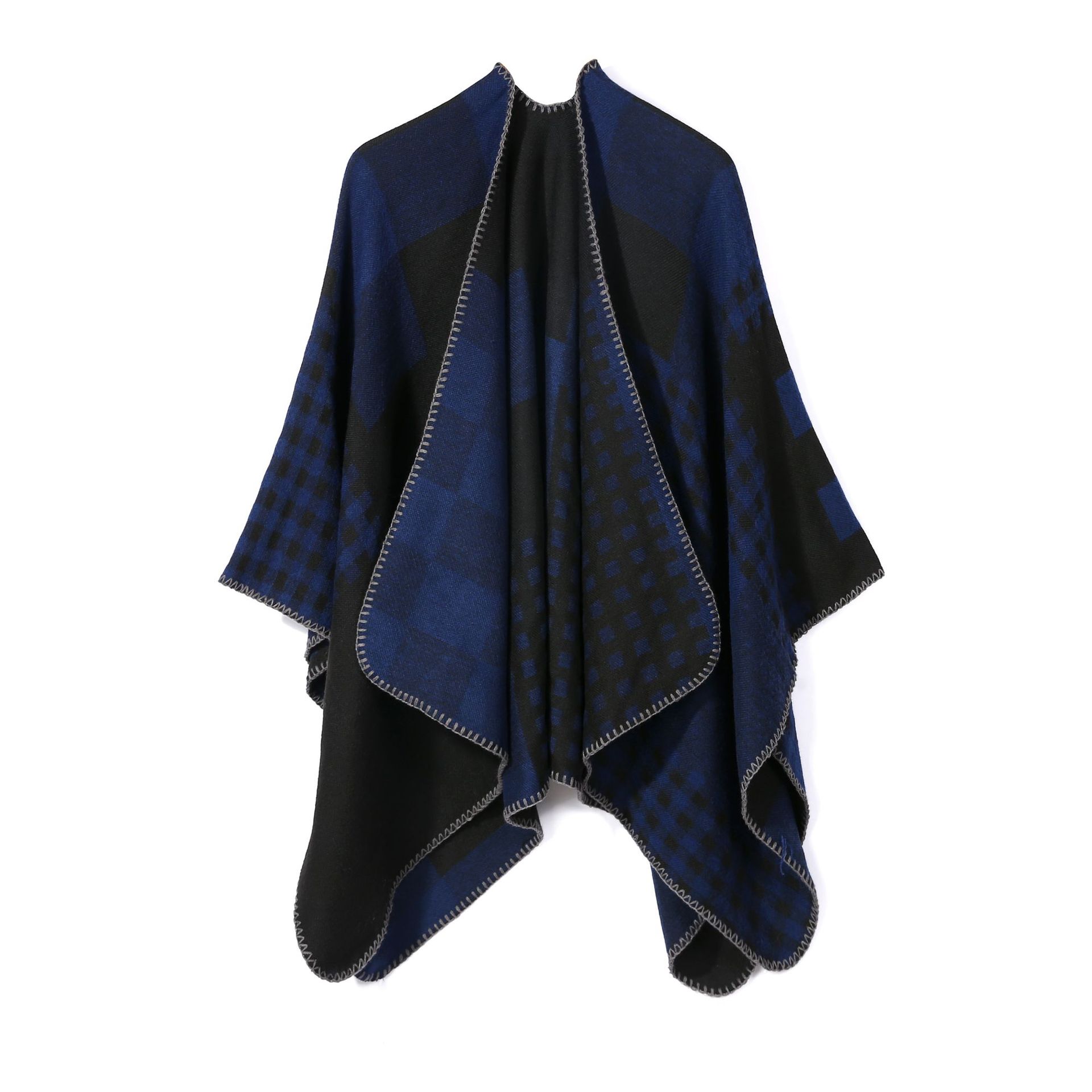 外贸围巾秋冬季拼色格子保暖长方形套头斗篷女时尚冬季两用披肩