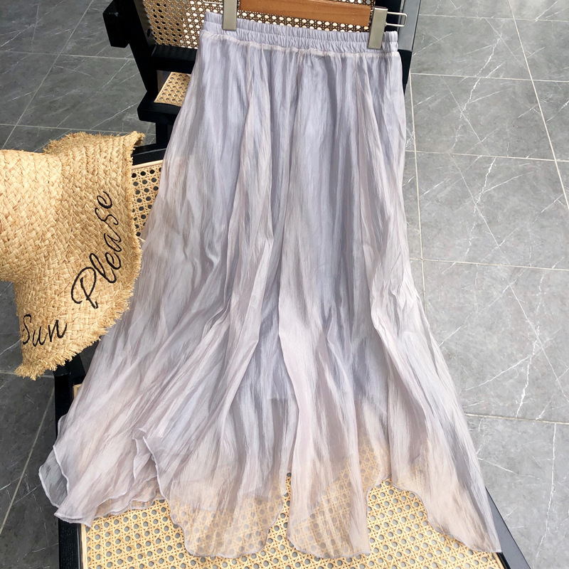 春夏不规则下摆褶皱裙子高腰欧根纱飘逸薄纱裙纯色珠光半身裙百搭