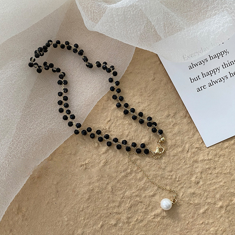 Light Luxury High-Grade Black Crystal Pearl Necklace Female Summer Niche Design Necklace Internet Celebrity Temperament Clavicle Chain Necklace