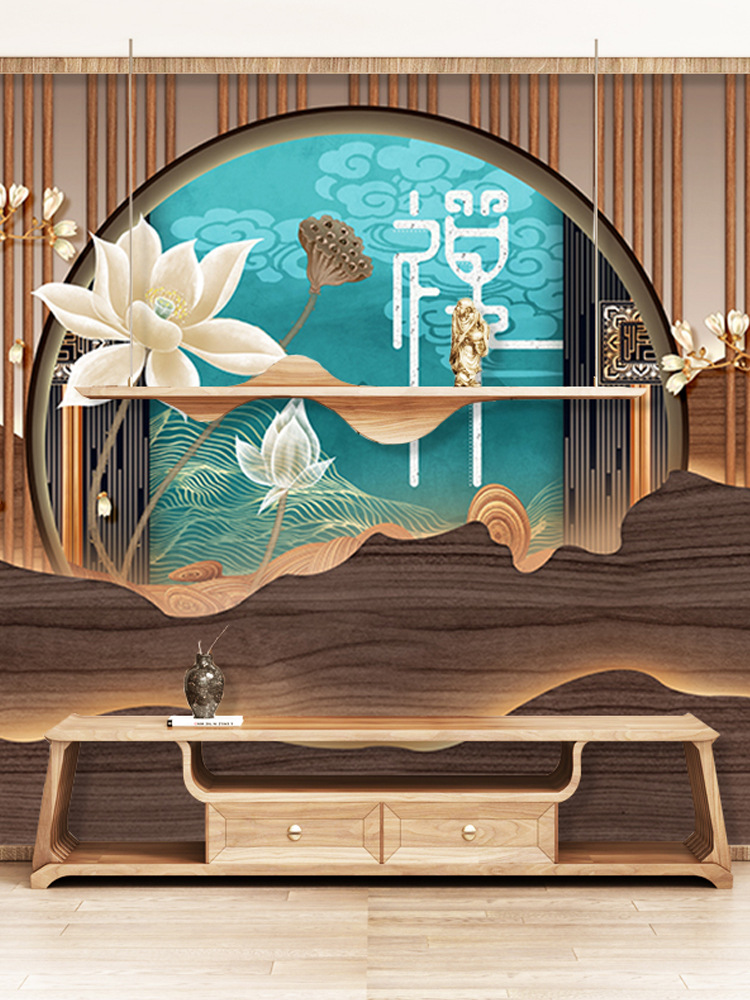 8d新中式禅意荷花壁画客厅沙发背景墙布茶室装饰壁纸古风直播墙纸