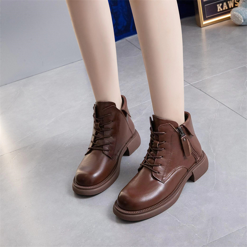 软皮短靴女棕色马丁靴短款2023新款女士皮鞋软底英伦风秋冬靴子女
