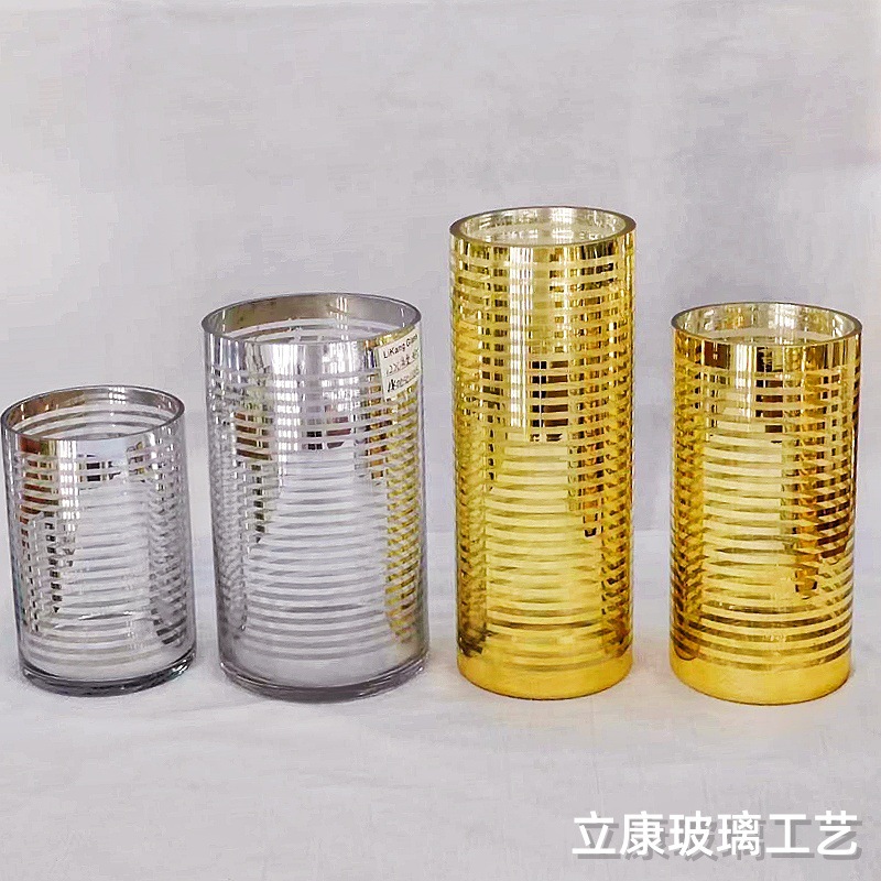 European-Style Creative Glass Electroplated Gold and Silver Striped Glass Vase Hydroponic Flowers Hotel Wedding Celebration Decoration Flower Arrangement Ornaments