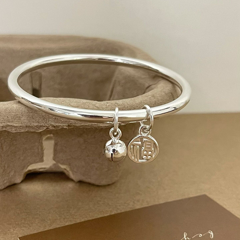 银手镯女9999纯银光面素圈福铃铛足银镯子闭口实心年轻款小众