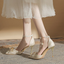 Z32-851-L3珍珠花朵绑带细跟中空尖头绒面秋季新款单鞋秀禾婚鞋