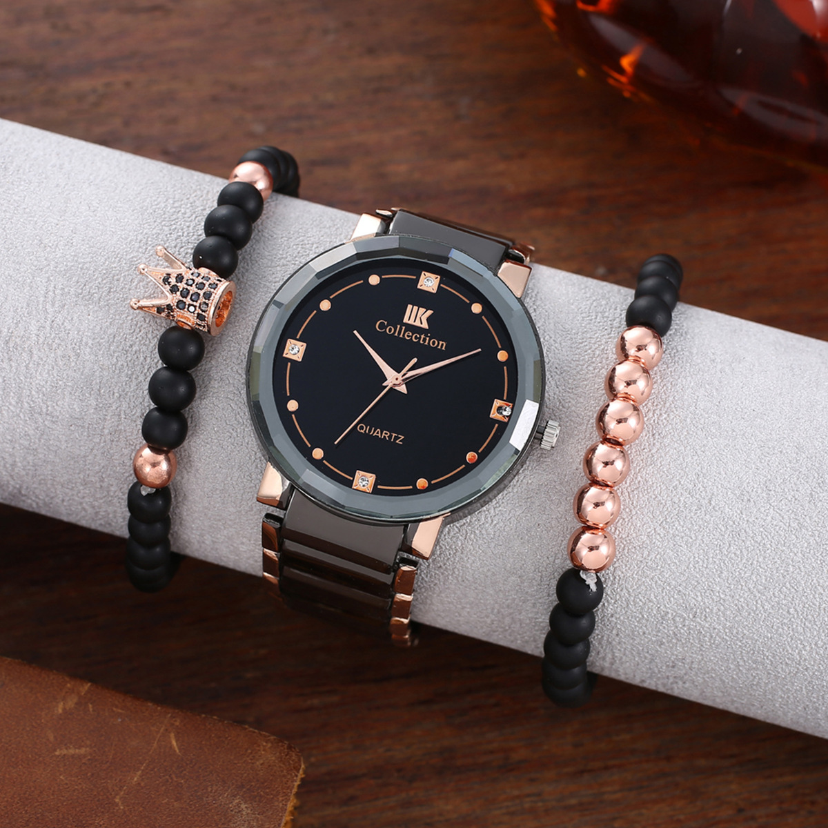 时尚 百搭 气质简约 大方  韩式风圆盘女士手表加皇冠手链三件套