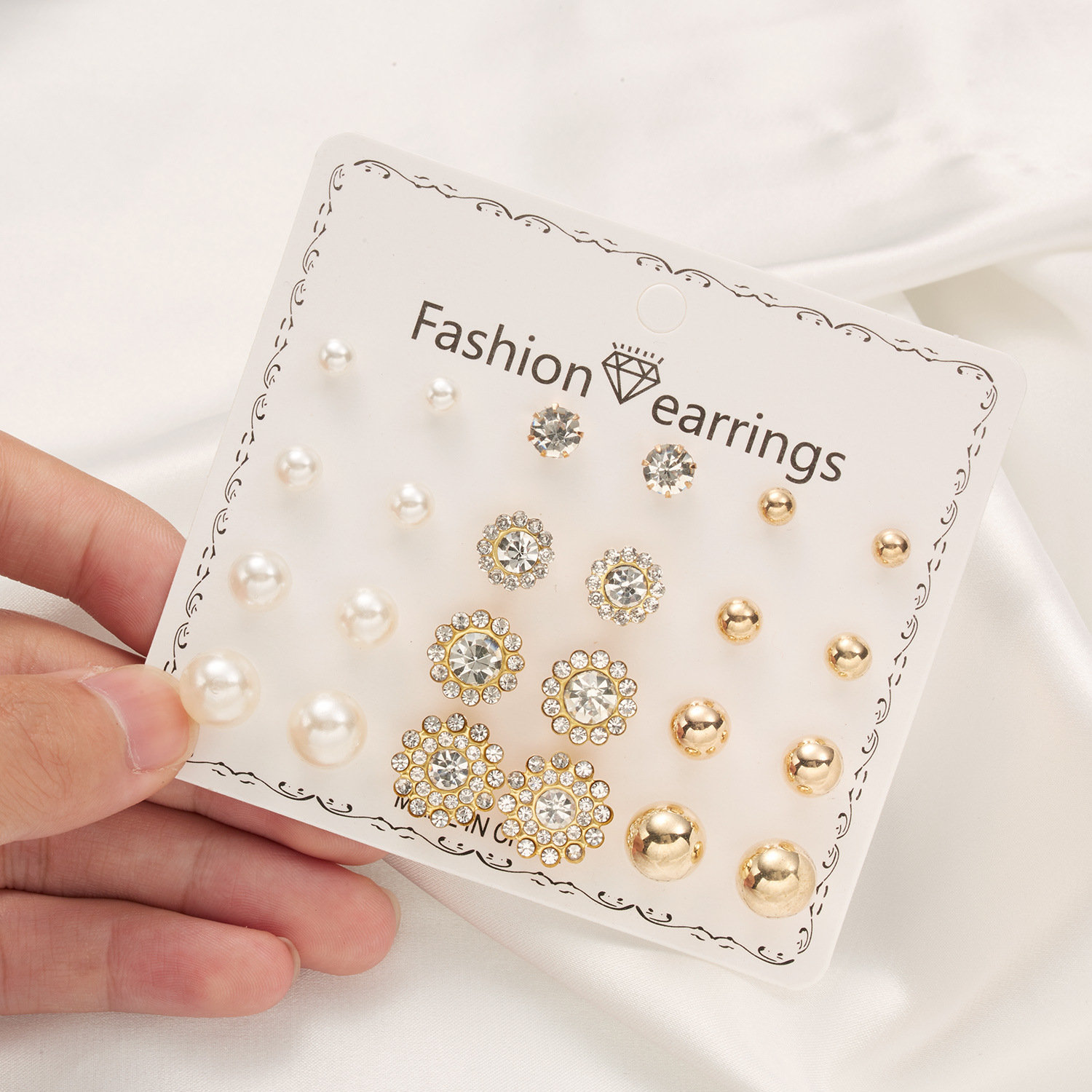 Factory Direct Sales Foreign Trade Hot Sale 12 Pairs Imitation Pearl Rhinestone Golden Ball Combination Card Stud Earrings Suit Female Wholesale