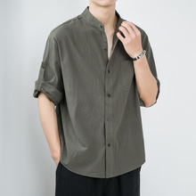 亚麻衬衫男短袖白衬衣宽松中国风夏季棉麻休闲外套男装七分袖上衣