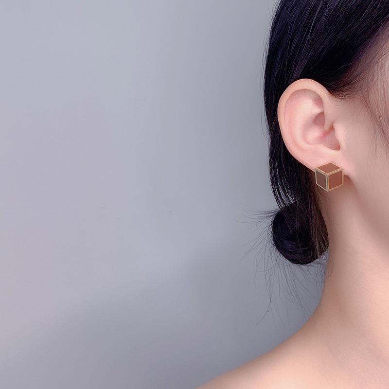 New Coffee Color Square Stud Earrings for Women Stylish Graceful Simple Metal Earrings Silver Needle Wholesale High-Grade Earrings