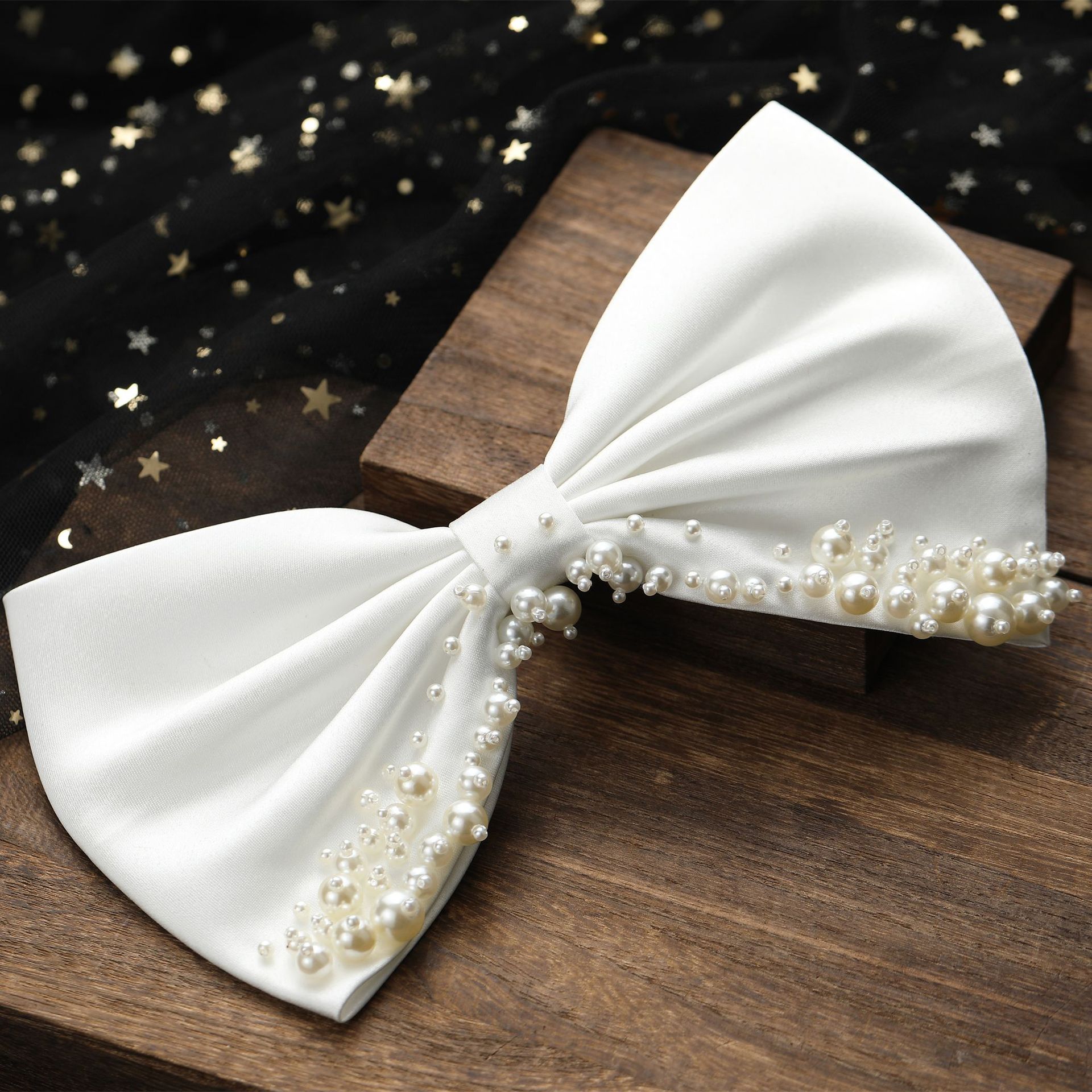 白色缎面流苏串珠蝴蝶结发夹新娘头饰结婚礼服配饰