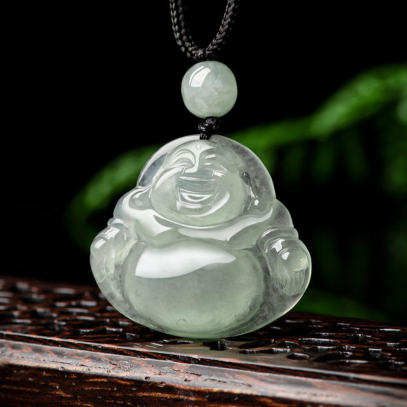 天然缅甸a货翡翠佛公大肚佛老料糯冰种玉石吊坠女款玉坠挂件批发