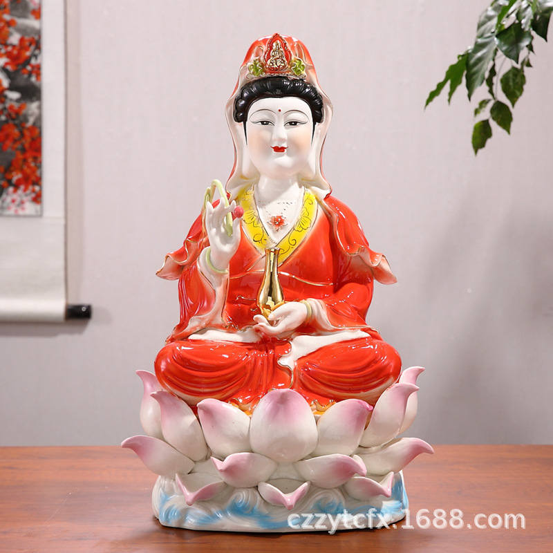 潮州珍艺陶瓷佛像南海观世音菩萨玉瓷中国红莲花观音菩萨佛像摆件