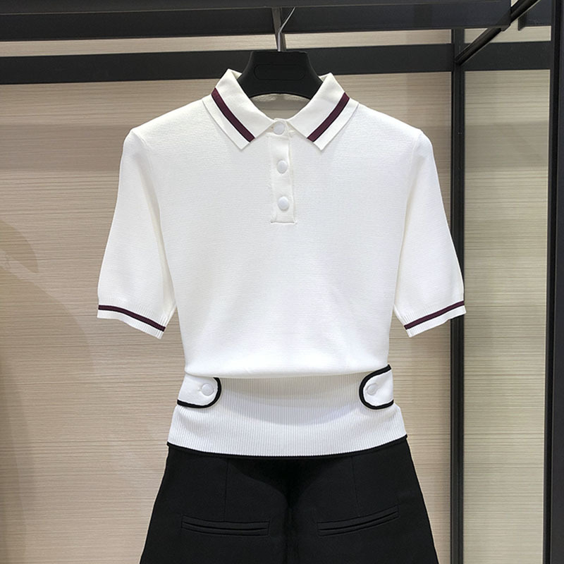 2021年春款新款女装阿玛施针织polo衫短袖t恤上衣翻领设计感