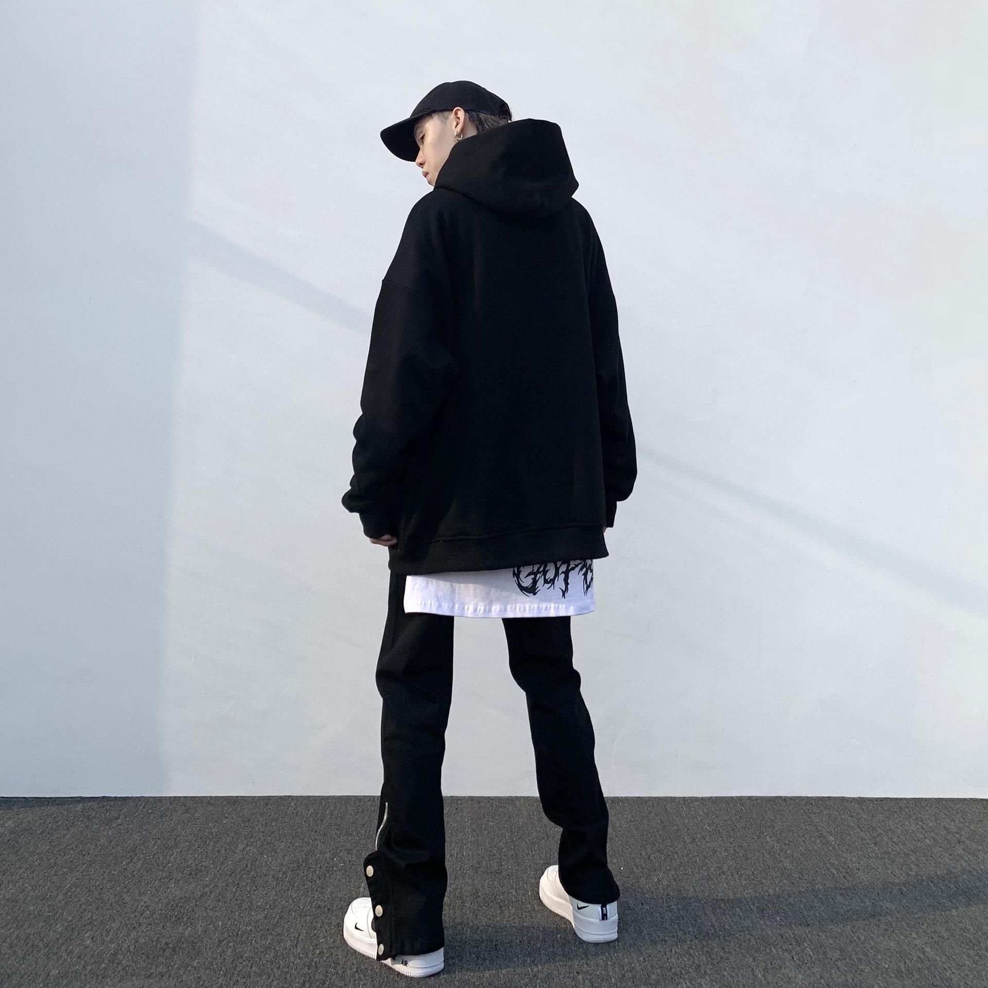 高街黑色排扣牛仔裤潮牌工装机能设计感显瘦复古长裤男