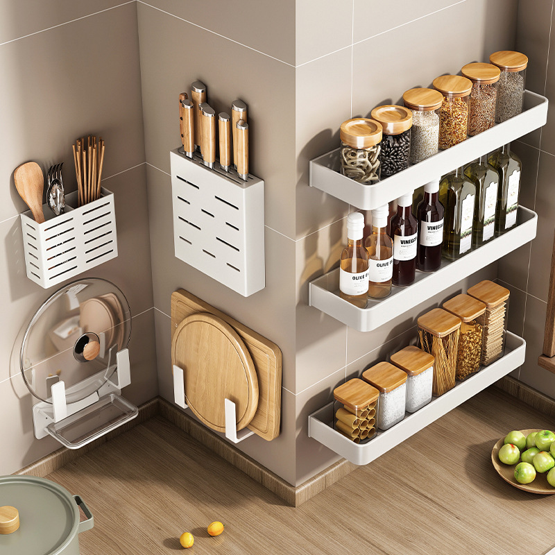 kitchen accessory kitchen appliance White Kitchen Storage Rack Punch-Free Wall-Mounted Knife Holder Seasoning Utensils Complete Collection of Household Multi-Functional Storage Rack
