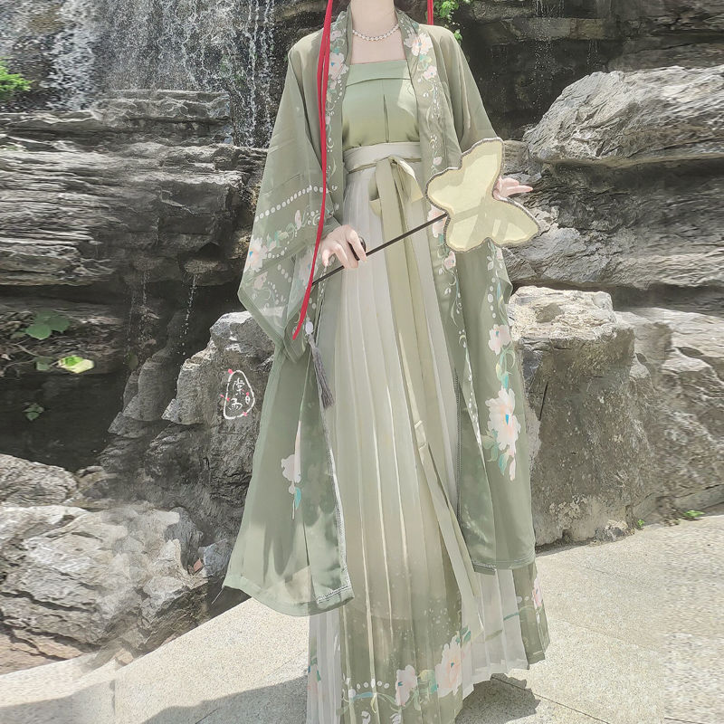 2023 Spring, Summer and Autumn Chinese Traditional Han Clothing Elegant Women's Han Chinese Clothing Printed a Complete Set of Waist Pleated Skirt Daily Fresh