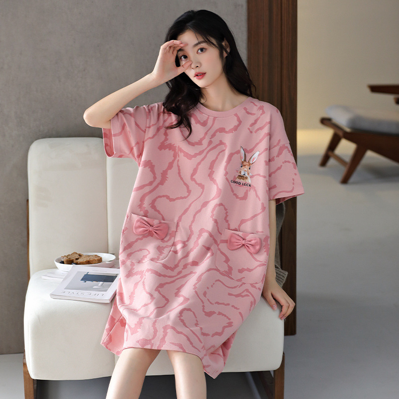 New Cotton Nightdress Women's Summer Short-Sleeved Dress Cartoon Student Ins Good-looking Summer Pajamas Home Wear