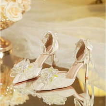 9777-12春夏季韩式时尚尖头串珠花朵浅口细跟高跟单鞋洛丽塔婚鞋