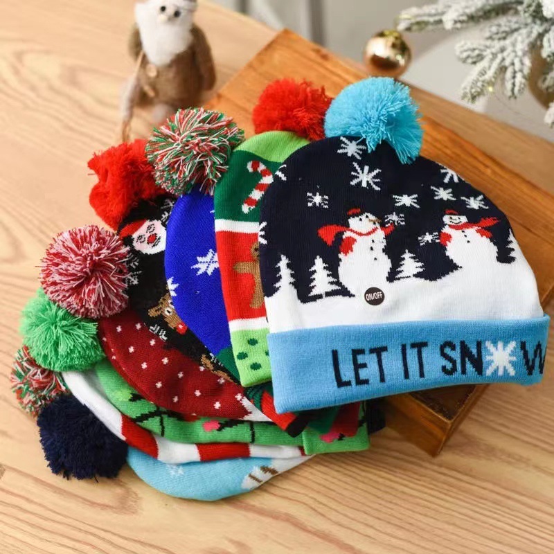 Cross-Border Autumn and Winter Fashion Christmas LED Lights Knitted Hat Colored Lights Party Warm Adult with Ball Hat Wholesale