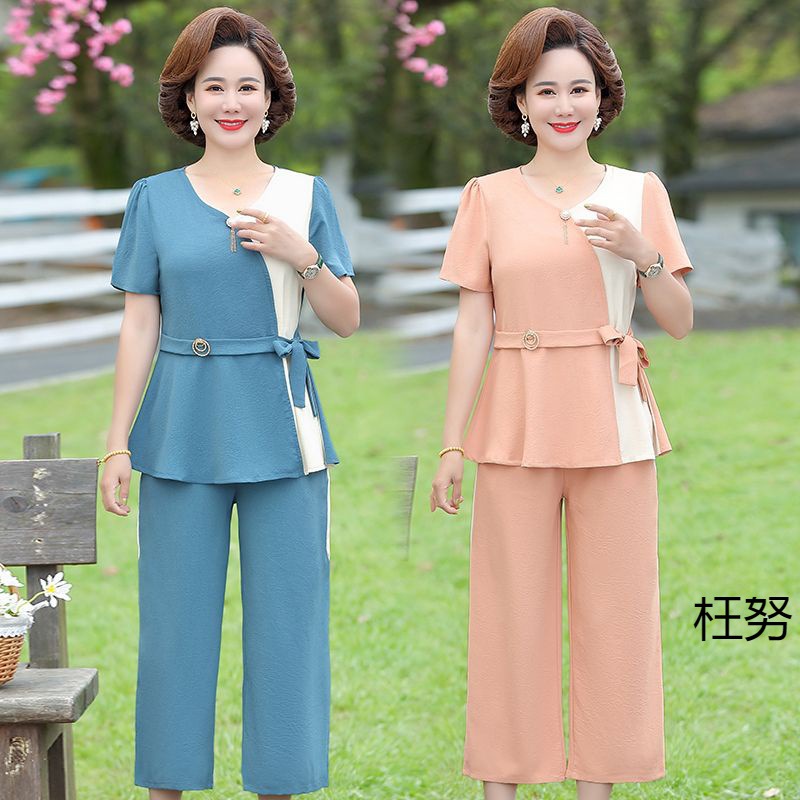 年轻妈妈装夏装套装洋气中年女装短袖中老年女40-50岁雪纺两件