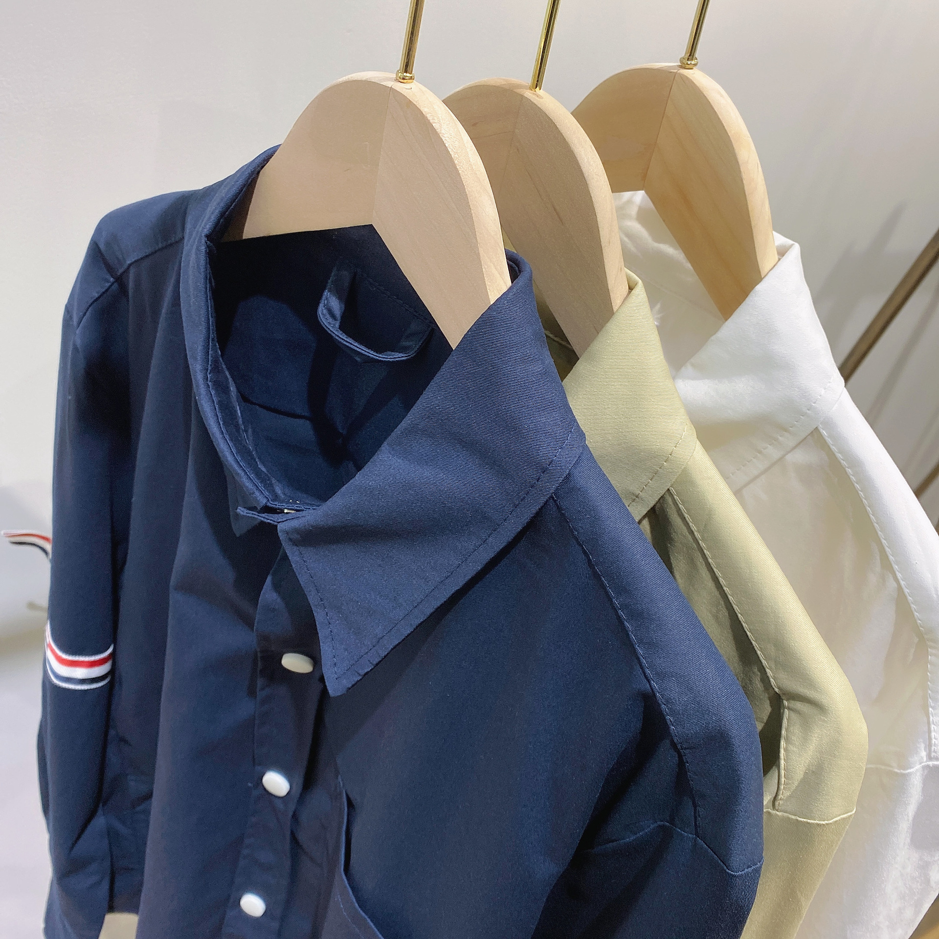 新款tb卡其长袖牛津衬衫男女同款四条杠红白深蓝条纹宽松衬衣外套