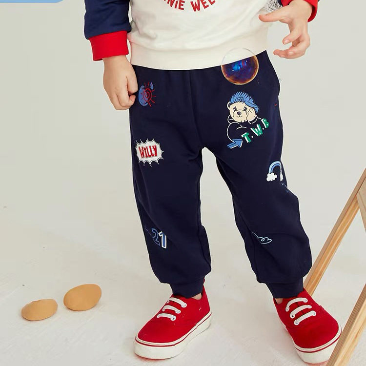 儿童长裤秋季新款2024卡通小熊刺绣束脚休闲印花中小童运动裤
