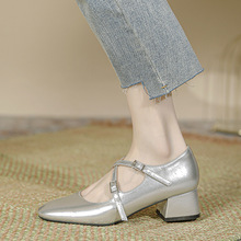 复古法式银色单鞋女2024新款春季芭蕾舞鞋交叉带中跟粗跟玛丽珍鞋