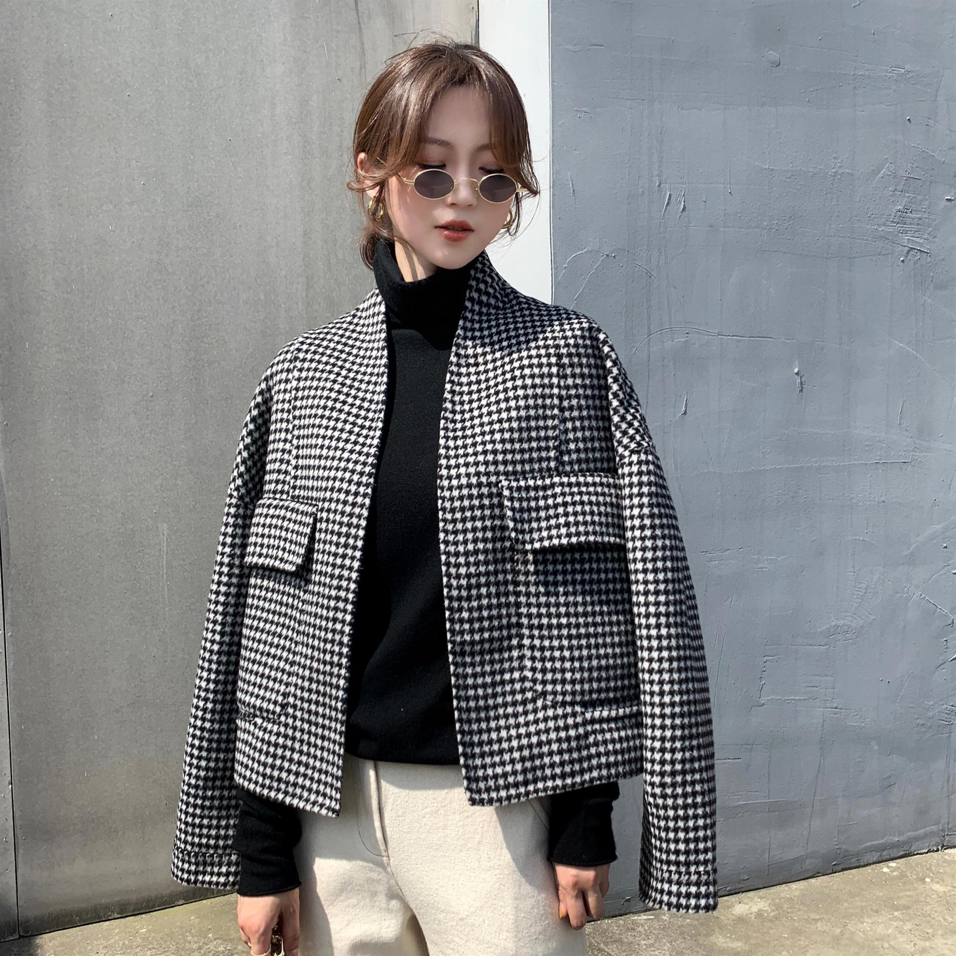 全羊毛千鸟格毛呢外套女短款新款秋冬小个子西装双面呢子大衣