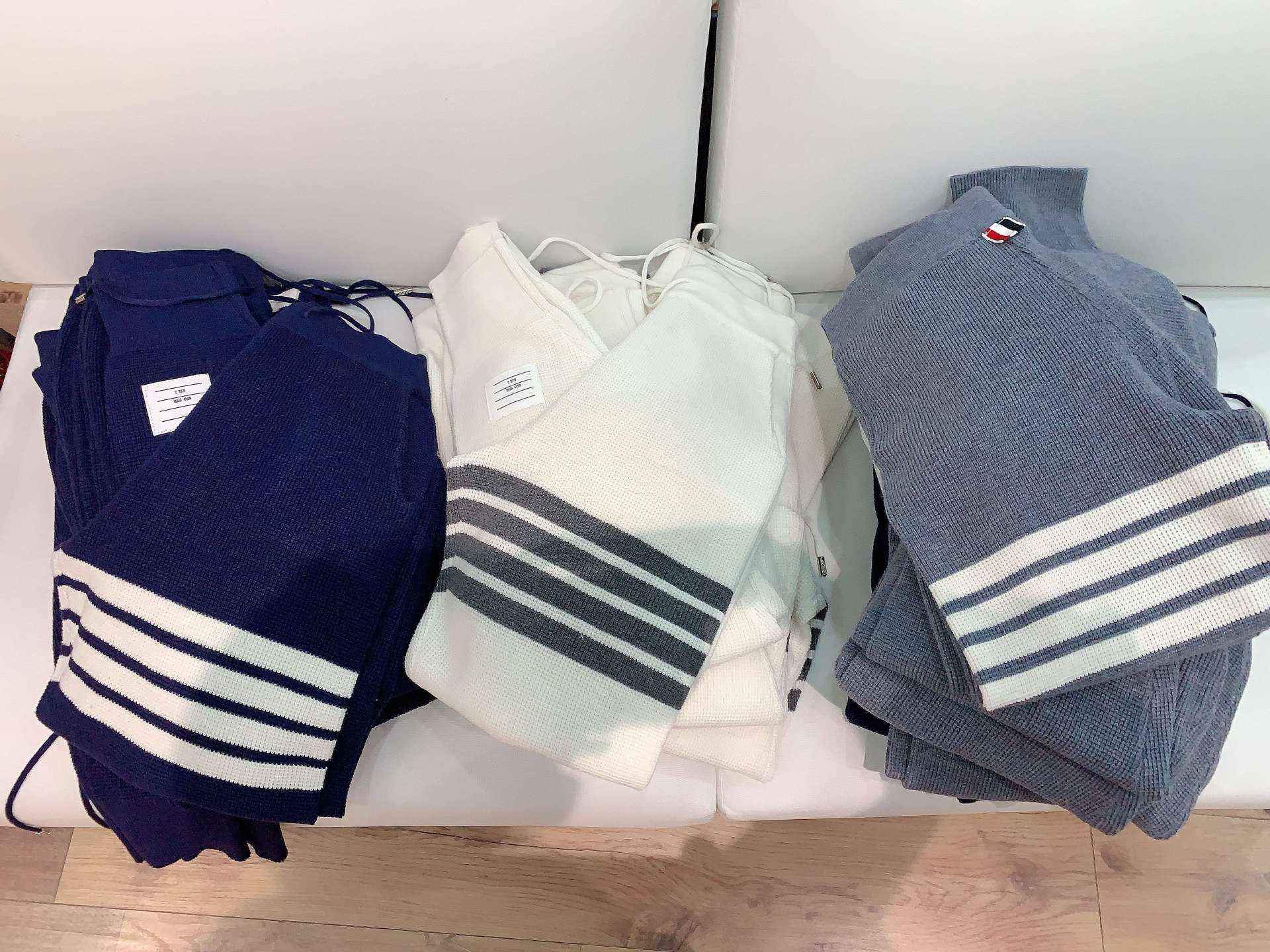 潮牌tb华夫格针织羊毛卫裤男士四条杠束脚裤女白条纹休闲百搭裤子