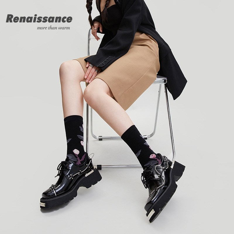 Renaissance Original Women's Socks Vintage Pattern Tube Socks Women's Combed Cotton Instagram Mesh Red Tide Socks 3 Pairs Gift Box