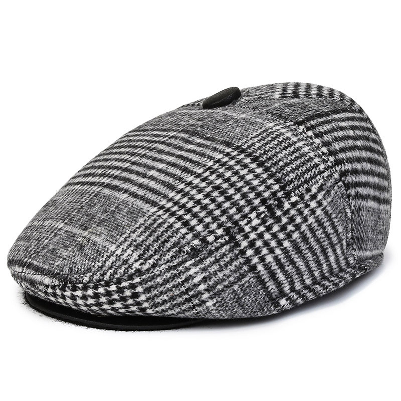 Autumn and Winter Woolen New Advance Hats Men's British Vintage Fleece-Lined Patch Peaked Cap Beret Middle-Aged and Elderly