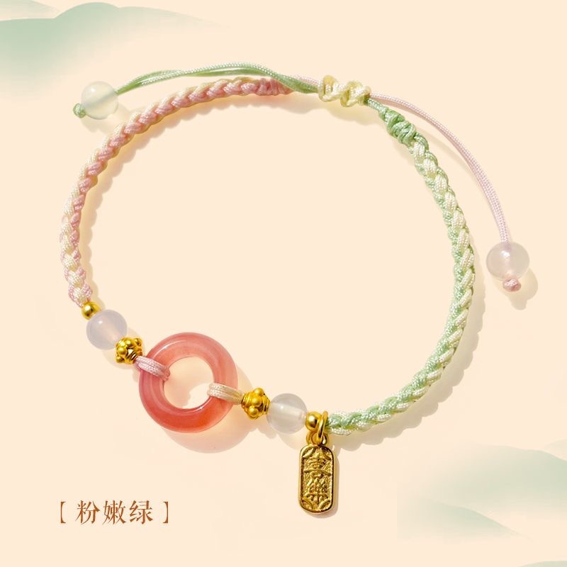 New Chinese National Style Carrying Strap Pink Peach Blossom Safety Buckle Bracelet Girlfriends Woven Girls' Accessories