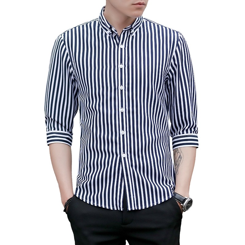 Summer New Men's Short Sleeve Shirt Half Sleeve Striped Slim Fit Shirt Korean Style Handsome Half Sleeve Shirt Half Sleeve