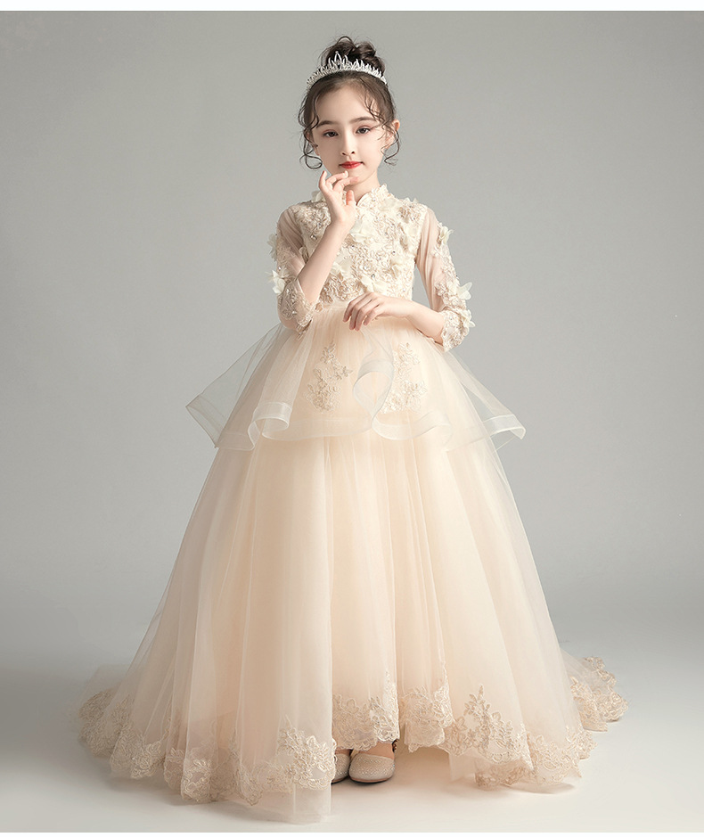 儿童拖尾晚礼服花童公主裙女童婚纱走秀蓬蓬纱小女孩钢琴演出服冬