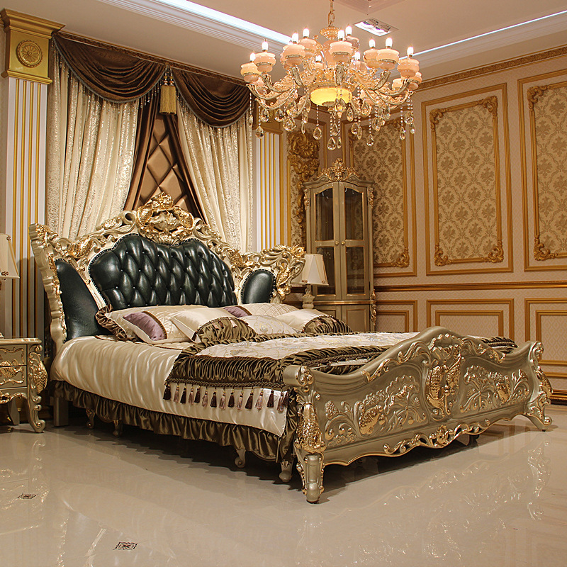 欧式全实木雕花床主卧室真皮床2米2.2米头层真皮鱼款实木婚床大床