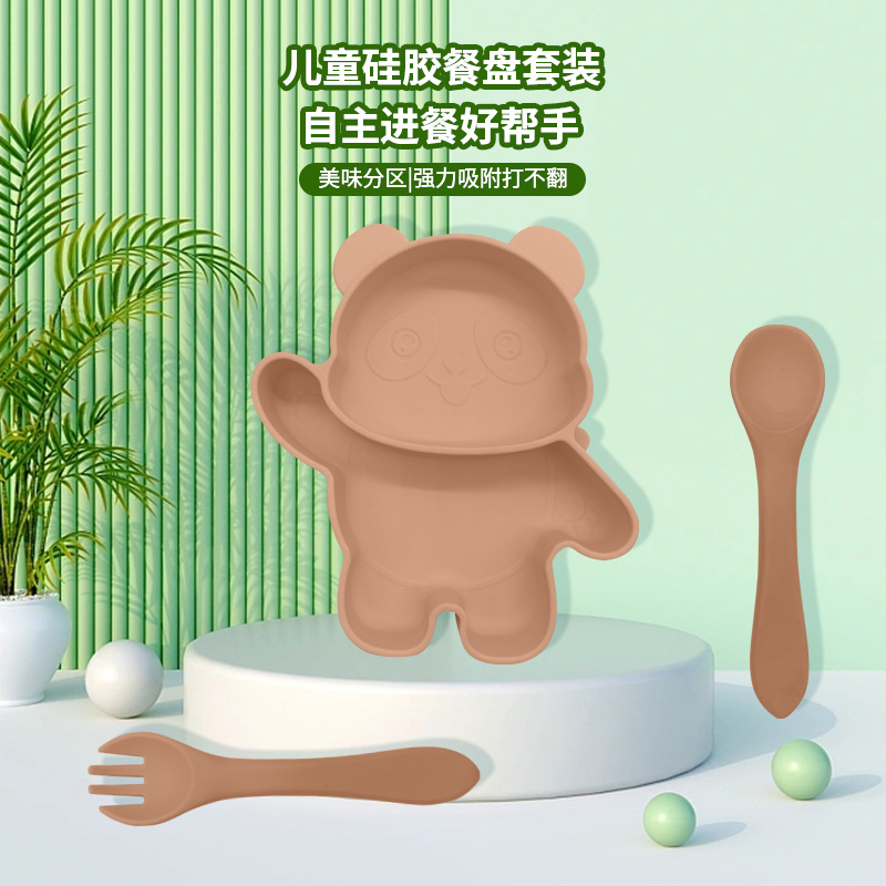 wholesale baby silicone compartment plate feeding set cute bear children‘s complementary food plate spoon fork set spot