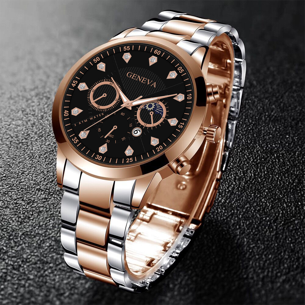 geneva时尚日月星辰镶钻男士钢带手表假三眼日历石英腕表男款代发
