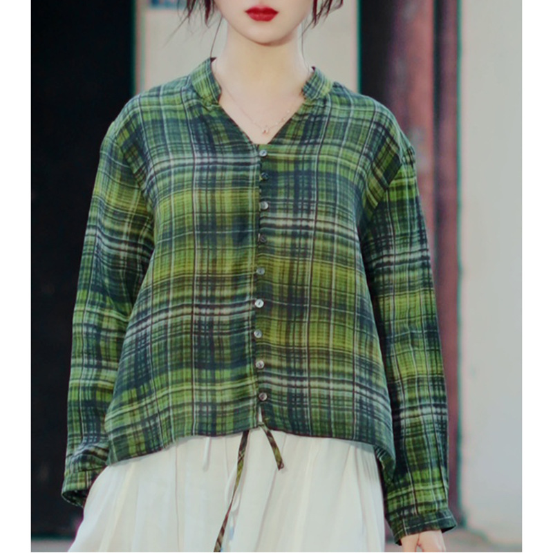 2024春季新款长袖立领衬衫文艺印花条纹下摆系带宽松版苎麻衬衣女