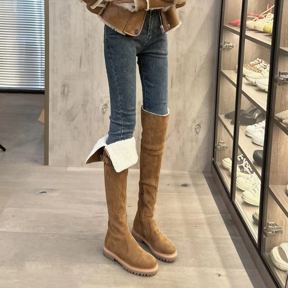 长筒靴女冬加绒保暖棕色平底过膝高筒骑士靴厚底显瘦雪地靴-阿里巴巴