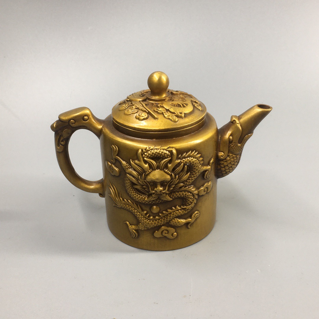 仿古纯铜大清乾隆年制纯铜龙凤呈祥茶壶铜水壶摆件手把件古玩收藏