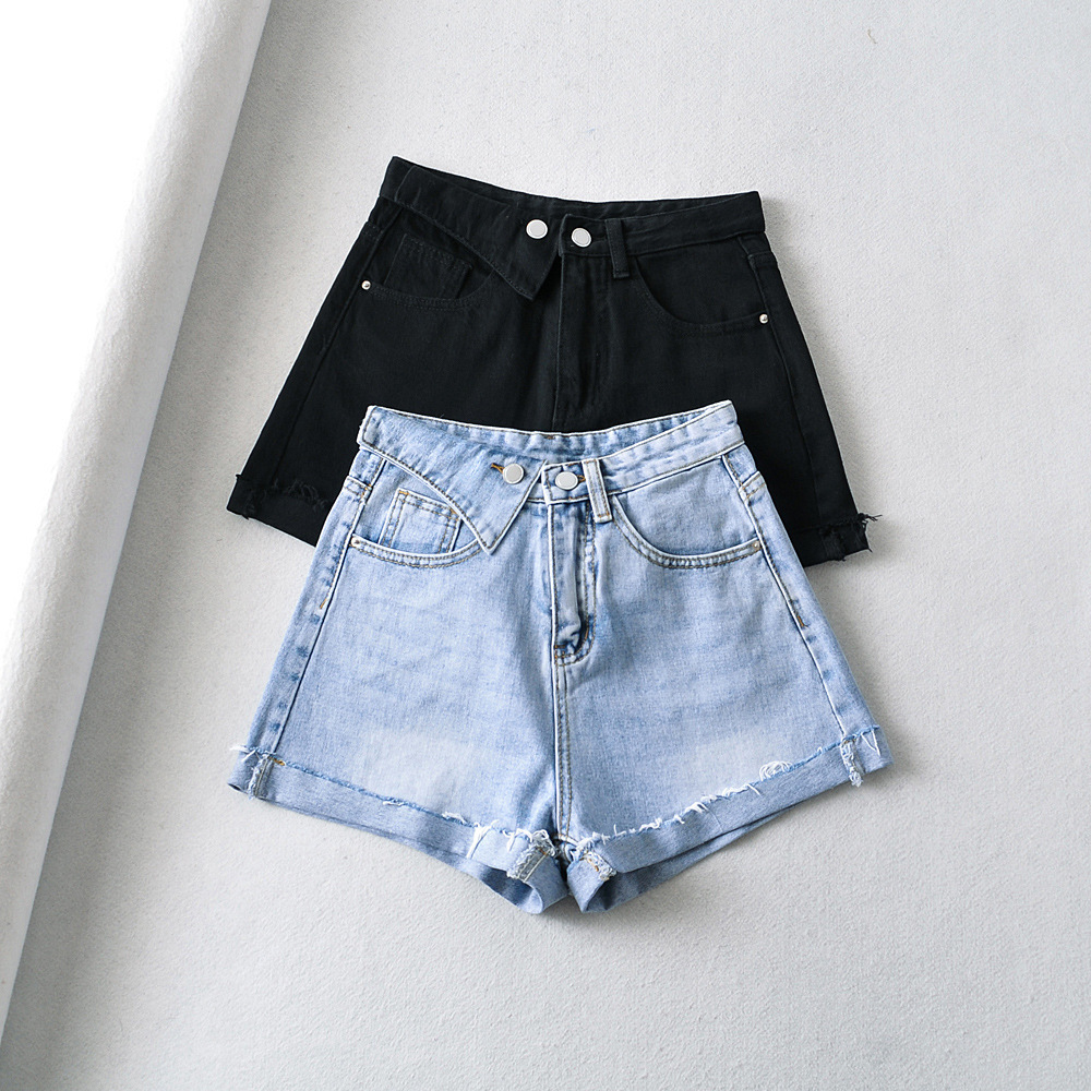 夏季卷边三角标牛仔短裤女高腰显瘦宽松百搭翻边a字热裤阔腿裤潮
