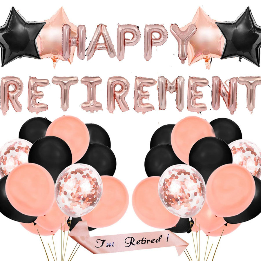 玫瑰金happy retirement 字母气球退休快乐黑色乳胶气球套餐跨境