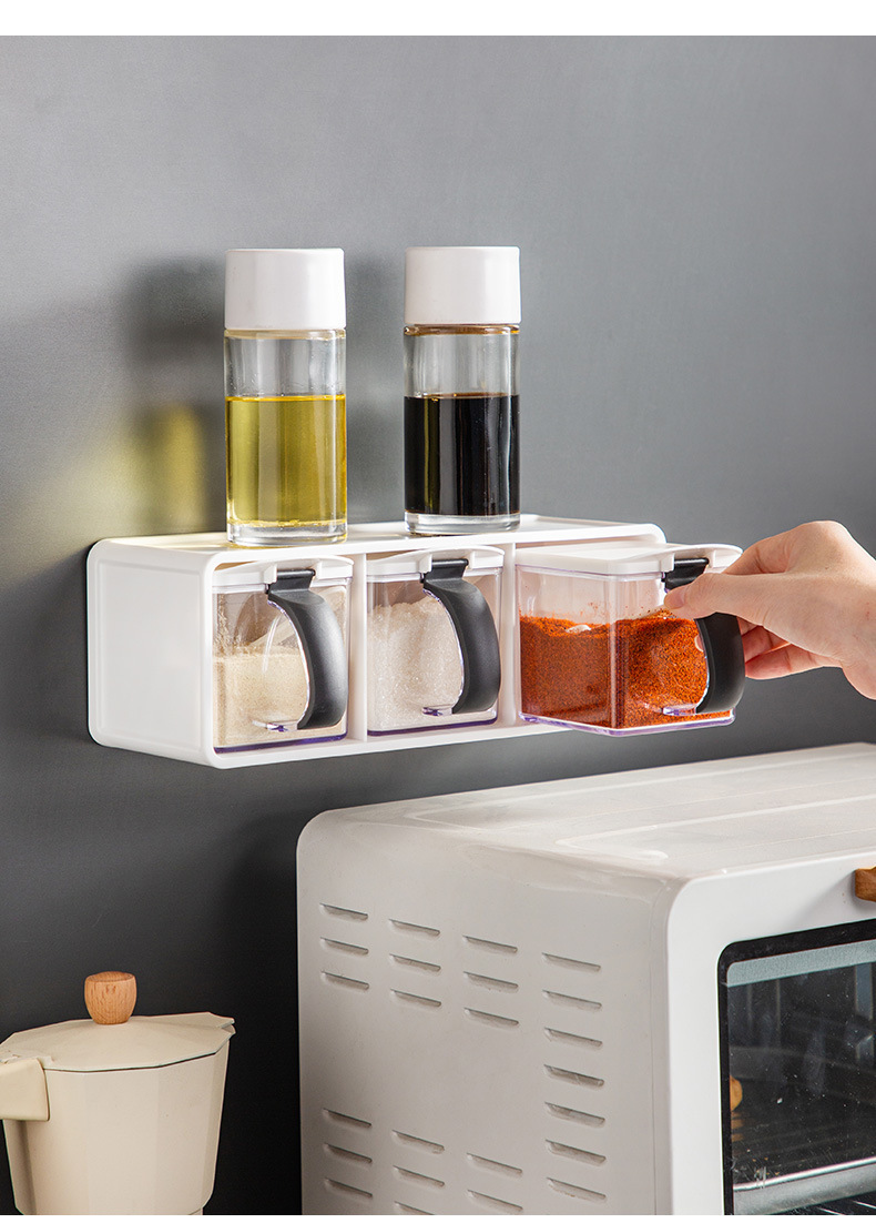 调料盒套装家用厨房组合装味精盐罐子壁挂式调味料收纳盒一体多格-阿