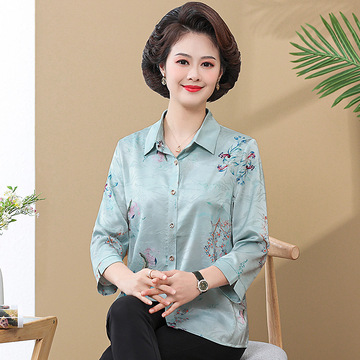 中老年妈妈春装女纯雪纺衬衫50岁60春秋大码奶奶装亚麻长袖衬衣服