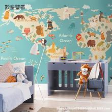 卡通世界地图壁纸儿童房男孩女孩卧室背景墙壁画北欧无缝墙布